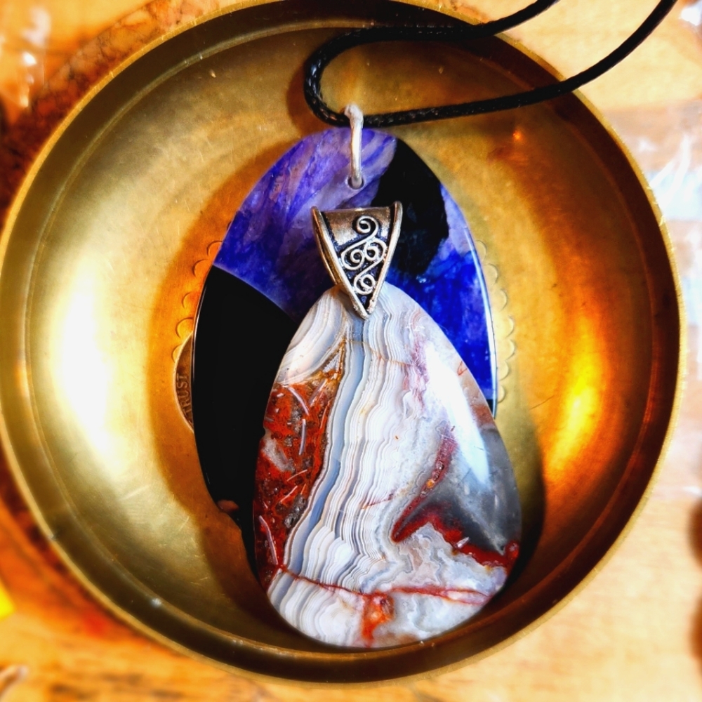 Awesome, Super-Chunky, Pear-Shaped, Genuine Crazy Lace Agate Cabochon Pendant.